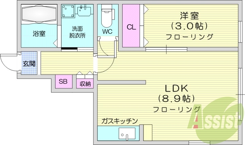 1LDK、追い焚き機能付き、インターネット無料