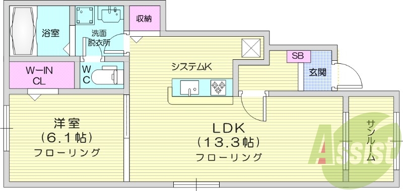 1LDK、インターネット無料、ウォークインクローゼット付き