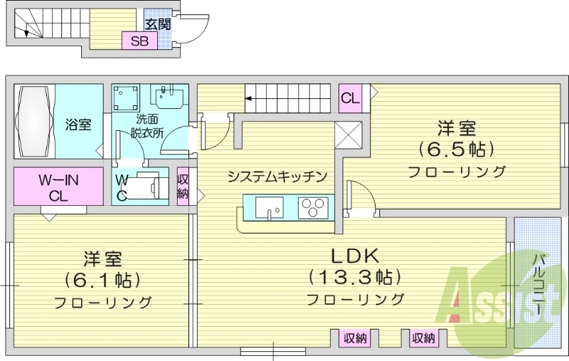 2LDK、インターネット無料、ウォークインクローゼット付き
