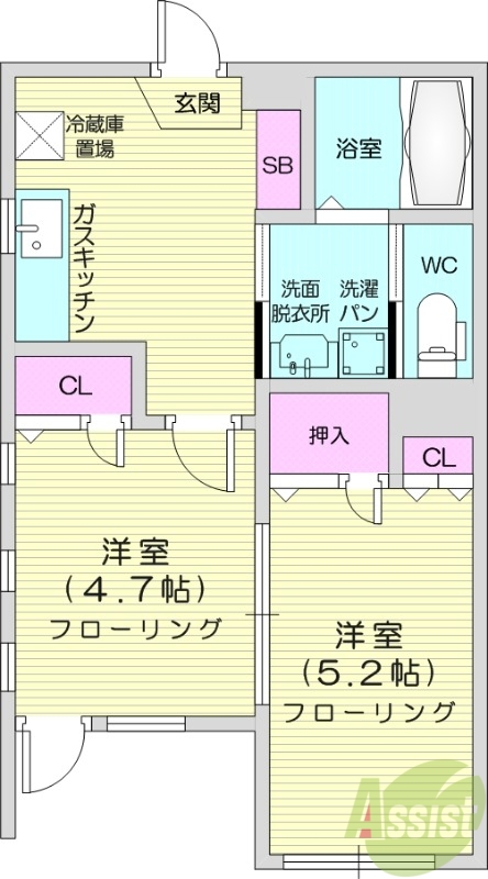 2K、独立洗面台、温水洗浄便座、角部屋、室内物干し