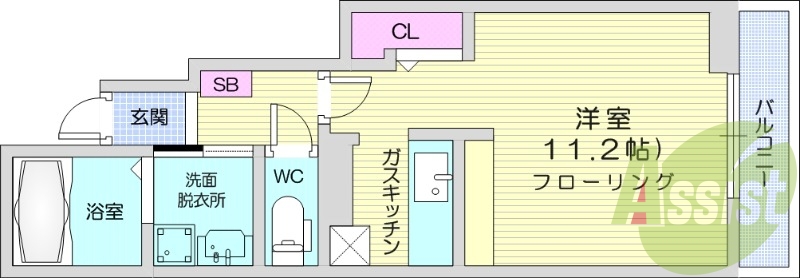 1R、バルコニー、南向き、浴室乾燥機、バストイレ別、エアコン