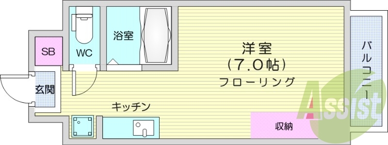 ワンルーム、バルコニー、風呂トイレ別、ウォシュレット。