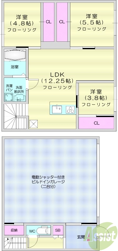 3LDK、追い焚き機能付き、1階にガレージつき