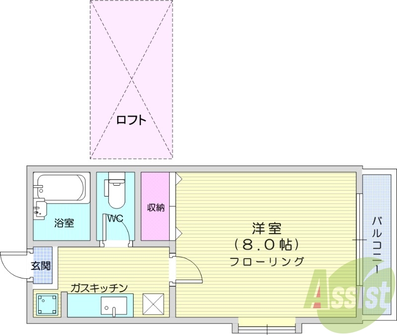 １K、エアコン、ロフト付、モニターホン、角部屋