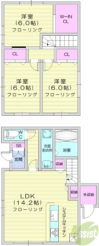 3LDK、メゾネット、エアコン3台、システムキッチン