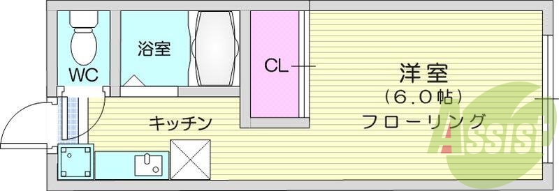 1K、エアコン、バストイレ別室、一部フローリング