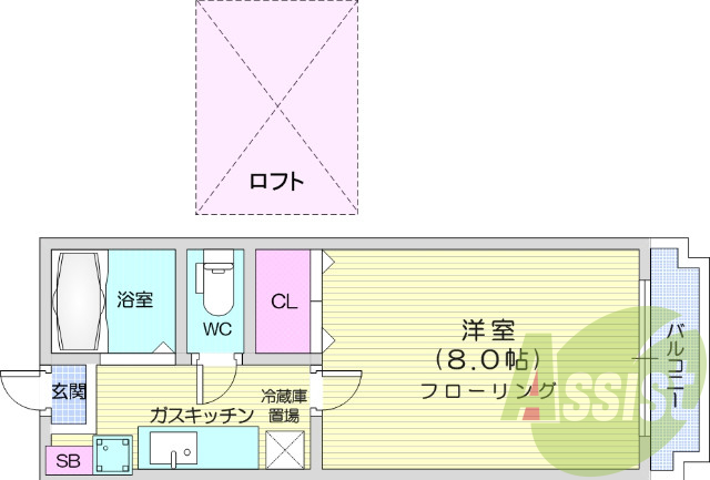 １K、ロフト付き、バス・トイレ別、シューズボックス