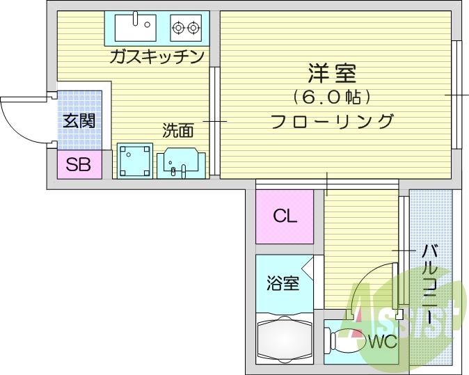 １K・B・T別・南向き・角部屋・収納スペース・都市ガス