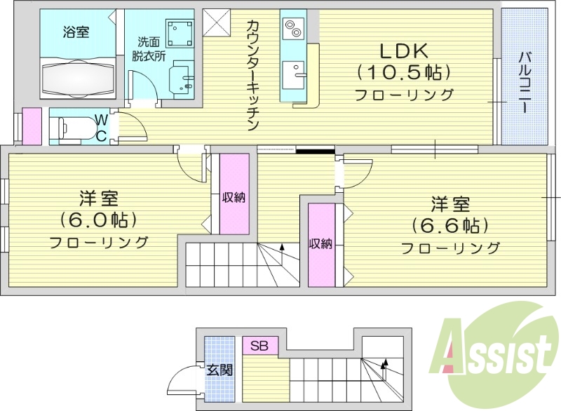 2LDK、角部屋、南向き、エアコン設置済み