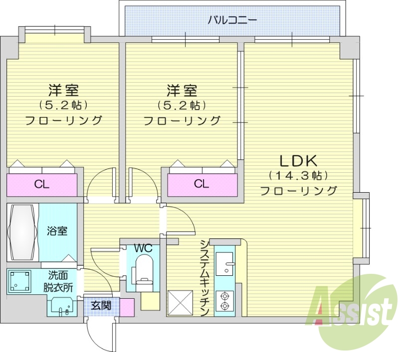2ＬＤＫ、システムキッチン、独立洗面、エアコン