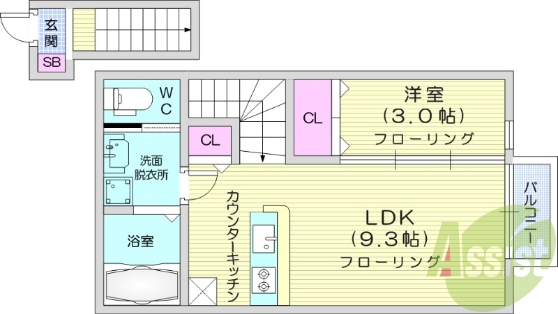 1LDK、フローリング、モニター付きインターホン