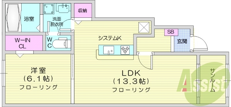 1LDK、インターネット無料、ウォークインクローゼット付き