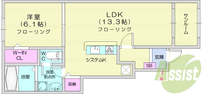 1LDK、インターネット無料、ウォークインクローゼット付き