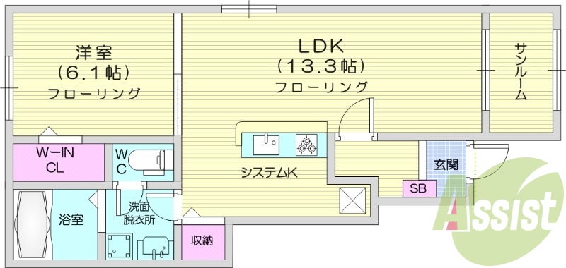 1LDK、インターネット無料、ウォークインクローゼット付き