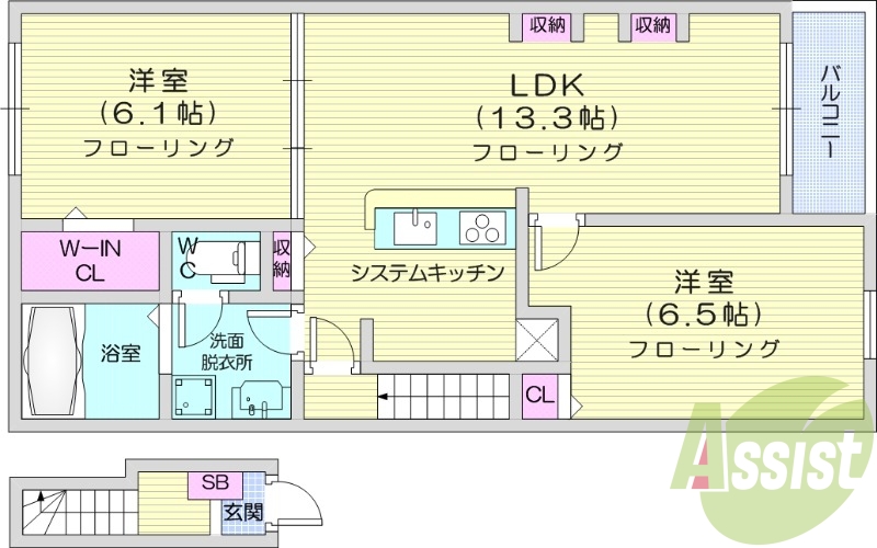 2LDK、インターネット無料、ウォークインクローゼット付き