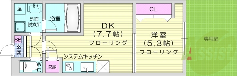 1DK、浴室乾燥機、IHコンロ、TVモニターホン、専用庭