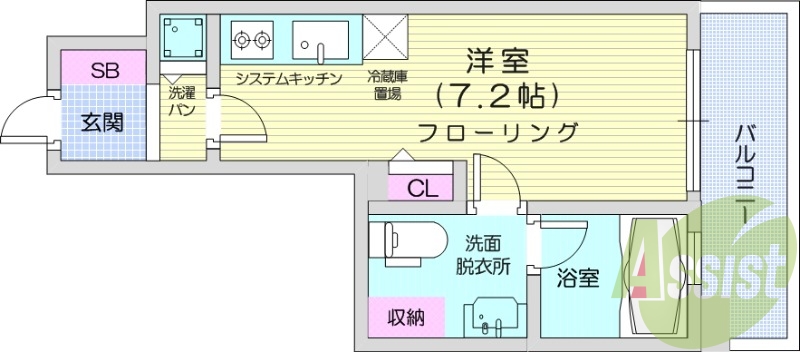 1R、システムキッチン、浴室乾燥機、オートロック