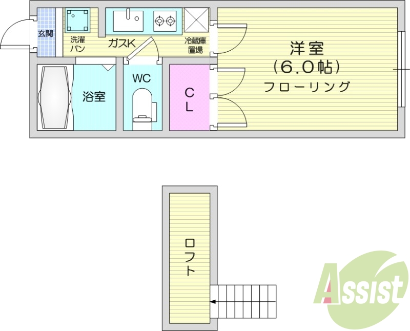 １K、ロフト、温水洗浄便座、クローゼット、室内洗濯機置き場