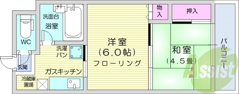 2K、バストイレ別、都市ガス、駐輪場、モニター付インターホン