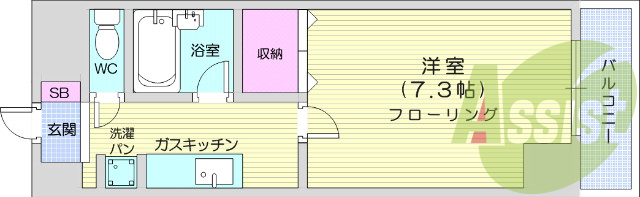 １K、バストイレ別、室内洗濯機置き場、エアコン