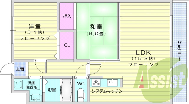 2LDK、オートロック、エアコン、ウォシュレット、洗髪洗面台