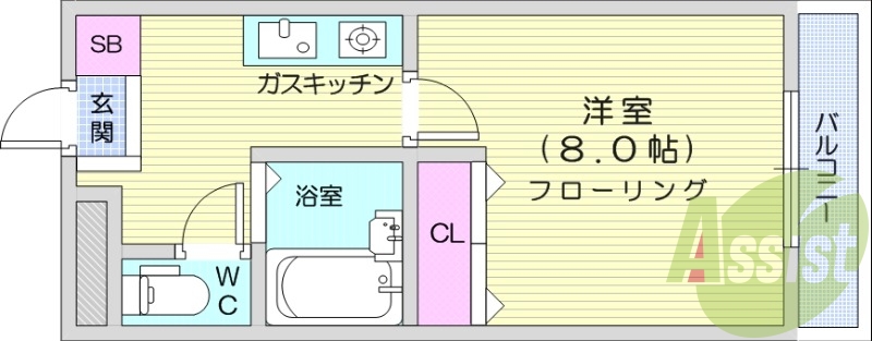 1K、鉄筋コンクリート造、エアコン付き、バストイレ別