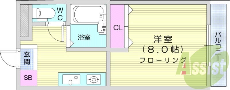 1K、鉄筋コンクリート造、エアコン付き、バストイレ別
