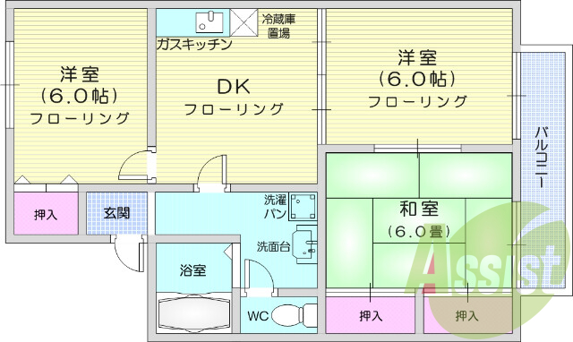 3DK、ペット可、駐車場一台無料、室内洗濯機置場