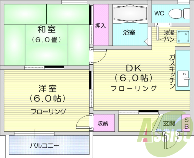 ２DK、南向き、角部屋、都市ガス、温水洗浄便座、追い焚き機能