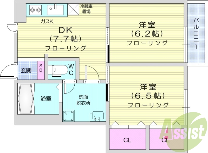 2DK、インターネット無料。温水洗浄便座、追い焚き機能