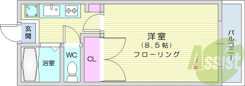 1K、エアコン、フローリング、給湯、バルコニー