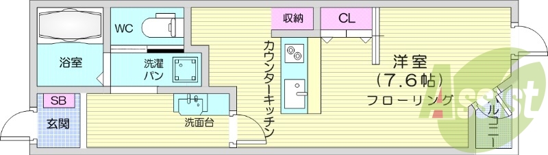 ワンルーム、システムキッチン、独立洗面台。