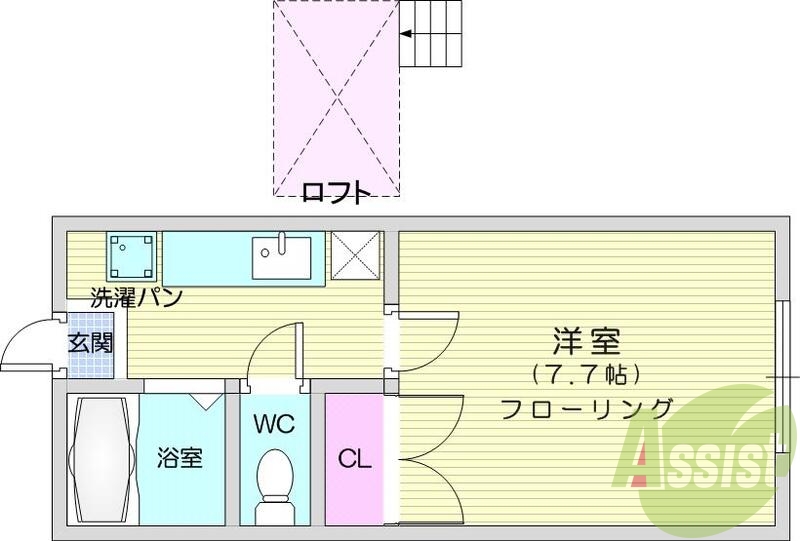 １Ｋ、ロフト付き、バストイレ別、収納、インターホン