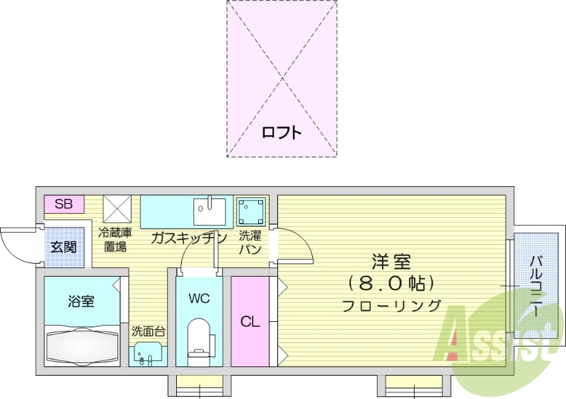 1K、ロフト、バルコニー、フローリング。