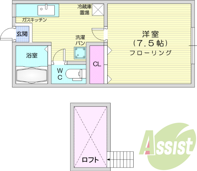 1K、バストイレ別、エアコン付き、ロフトあり