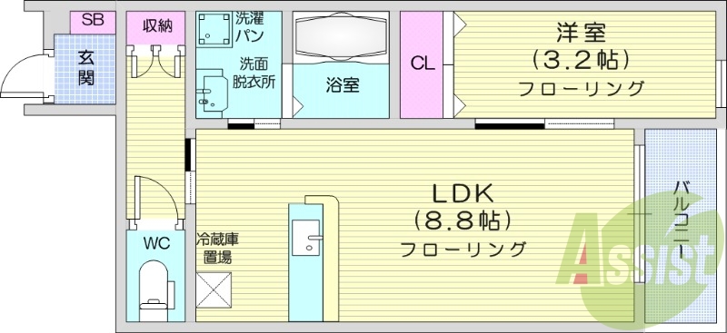 1LDK、バストイレ別、追い焚き、エアコン。