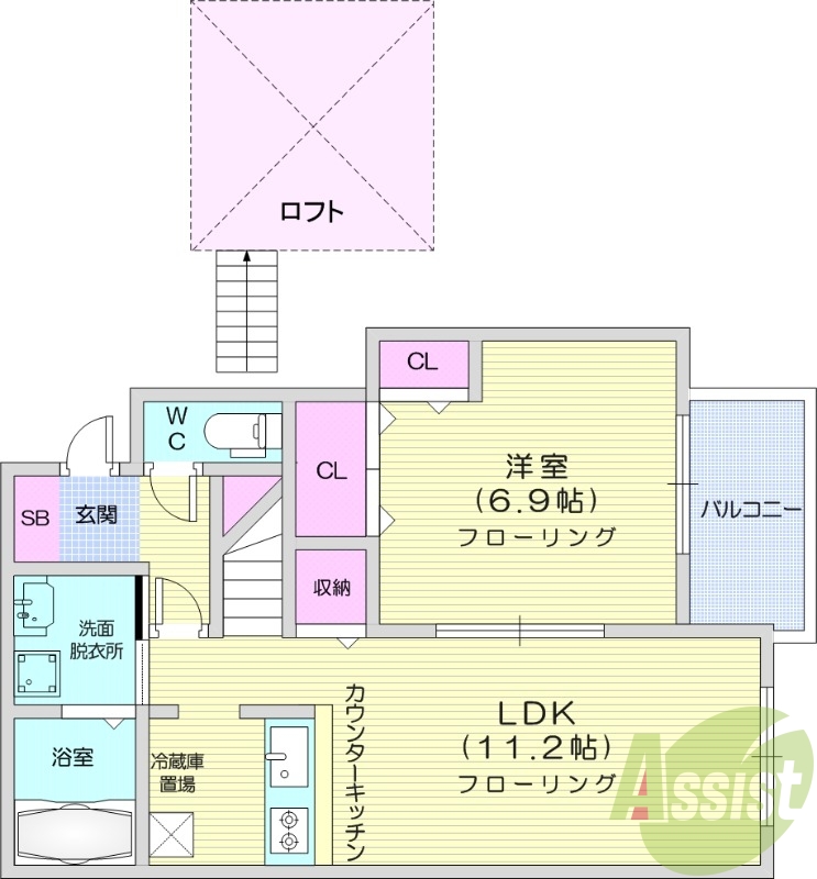 1LDK、駐車場1台付き、