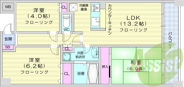 3LDK、モニター付きインターホン、バストイレ別。