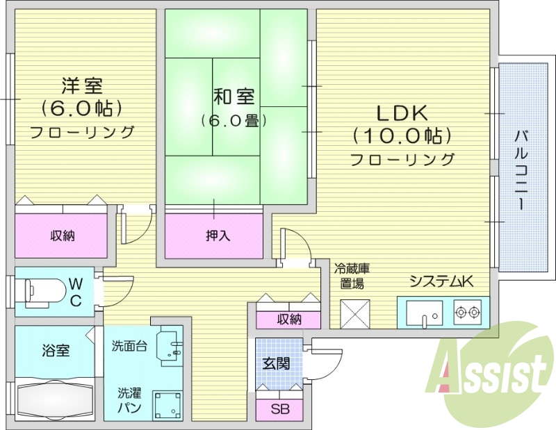 2LDK、システムキッチン、追い焚き、フローリング