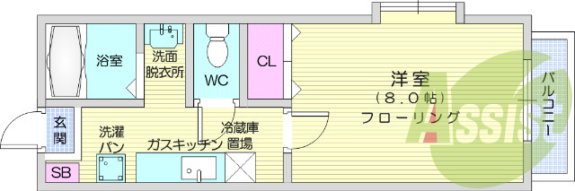 1K、フローリング、バストイレ別、独立洗面