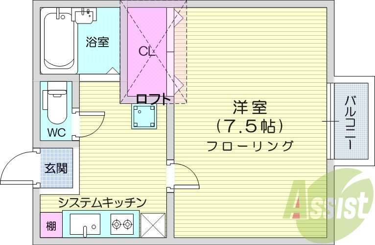 1Ｋ、バルコニー、ロフト、システムキッチン、バストイレ別