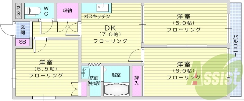 3DK、バス・トイレ別、ペット相談可、エアコン、BSアンテナ