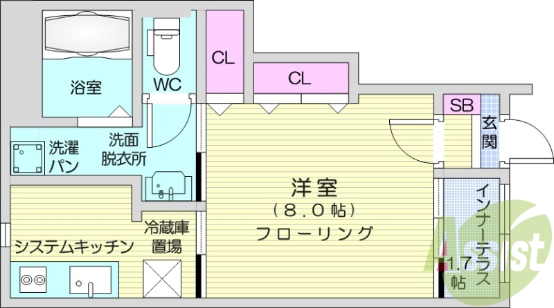 1Ｋ、フローリング、モニター付きインターホン、浴室乾燥機
