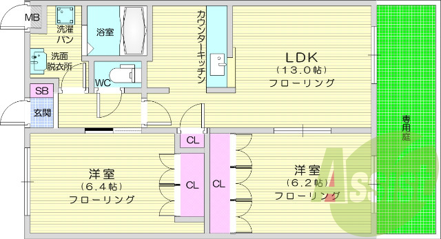 2LDK、カウンターキッチン、バストイレ別、浴室乾燥機