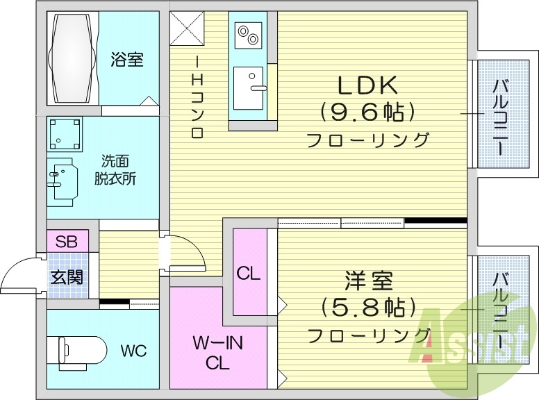 1LDK、バストイレ別、ウォークインクローゼット