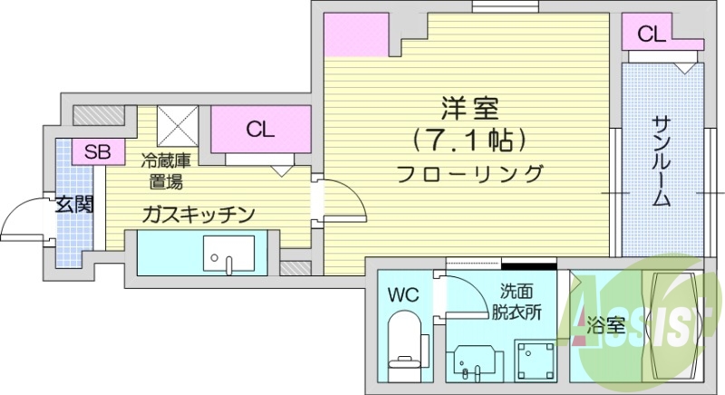 1K、角部屋、追い焚き、冷暖房エアコン、ネット無料、プロパン