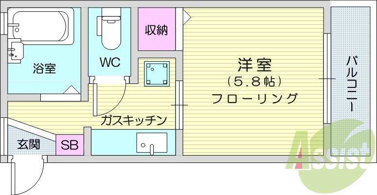 1K、バルコニー、エアコン、温水洗浄便座、バストイレ別