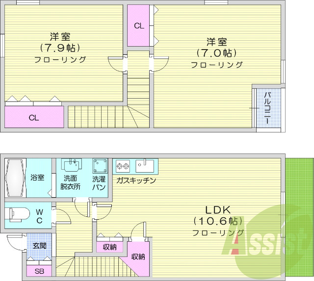 2LDK、角部屋、モニター付きインターホン、バストイレ別