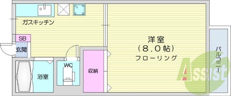 1K、バストイレ別、モニタ付インターホン