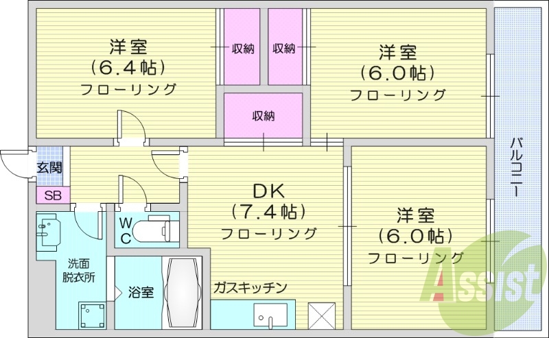 3DK、モニタ付インターホン、追い焚き機能付き